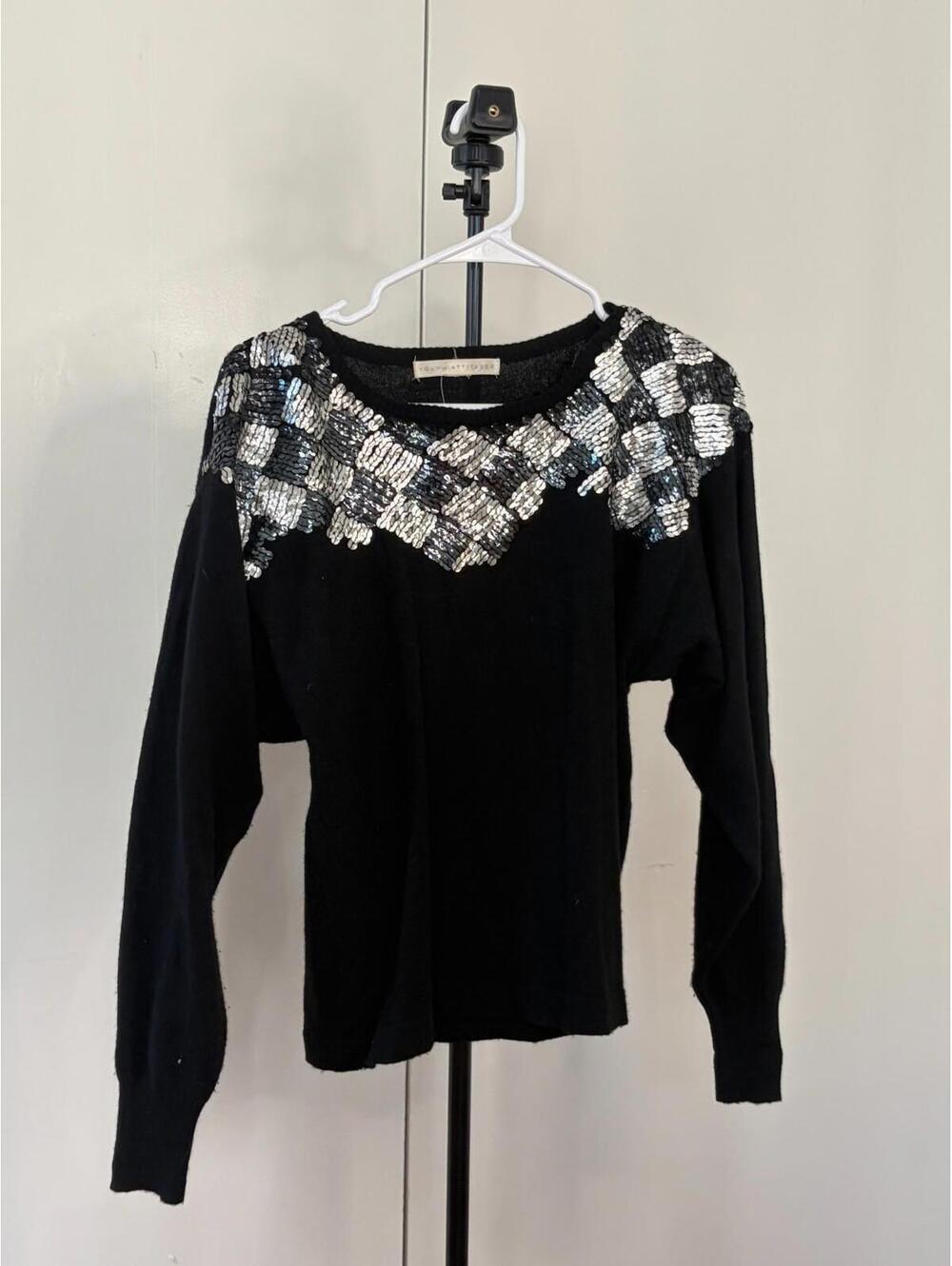 Young Attitudes Black Sweater  Sequin Embellished Plaid Shoulder Detail